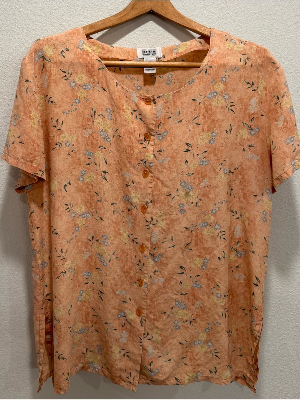 Vintage Sostanza 100% Silk Peach Floral Button Front Blouse Size L